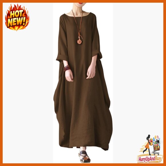 Dresses & Skirts - Oversized Linen Cotton Kaftan Dress Boho Casual Maxi with Pockets